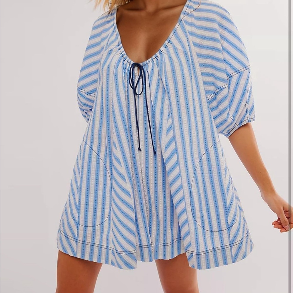 Striped blue and white tie front romper. Lightweight with pockets!